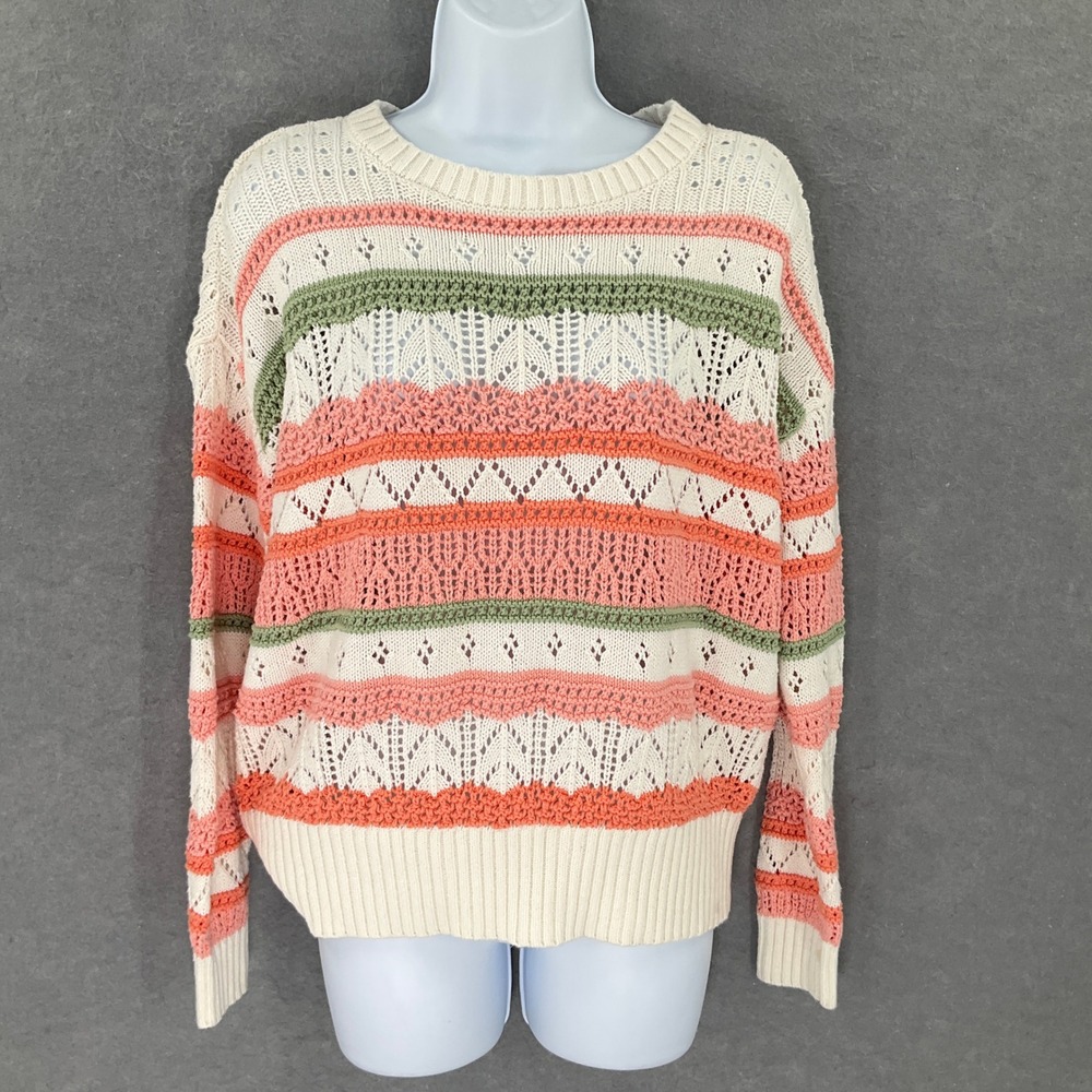 LOFT Striped Crochet Knit‎ Sweater Sz M Coral Pink Dainty Feminine Clean Girl